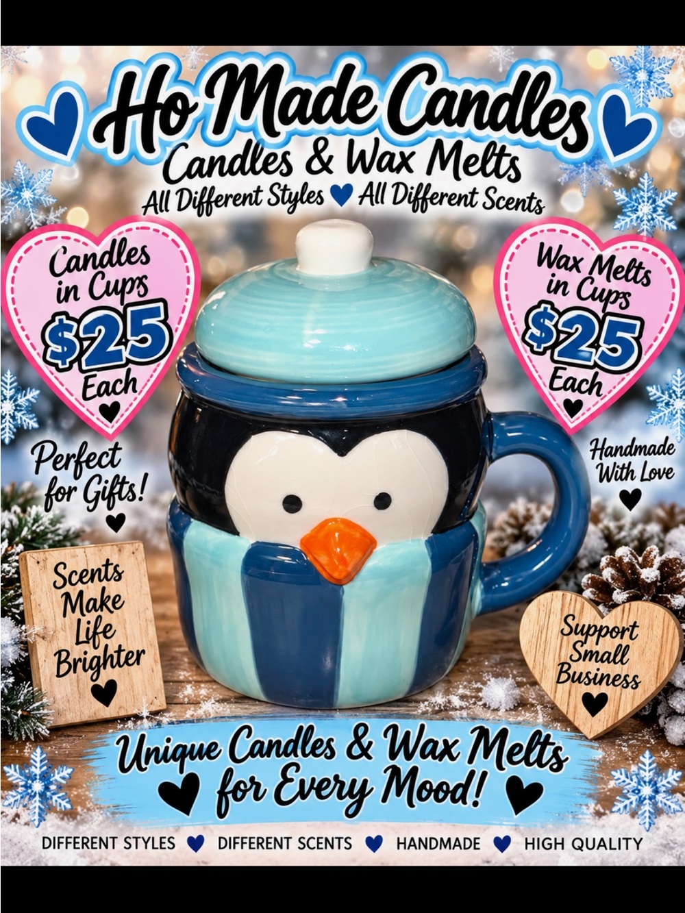 Pick your melts Ho Made Candles Blue Penguin Ceramic Candle Mug with Lid